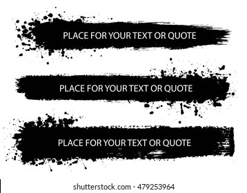 Set of  hand drawn long brush strokes, lines with splatters. Black frames, banners, stickers, place for text, advertisement,, information, quote, commercial. Infographic creative design elements.