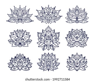 Set of hand drawn lotus flower tattoo designs with third eye. Graphic mandala patterns in linear style. Boho outline vector illustrations isolated on white background. Doodle mystic indian symbol.