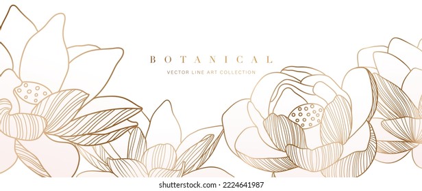 Set of hand drawn lotus line art. Collection of gradient gold lotus flowers line art. Design for luxury wedding invitation, cover, print, decoration, pattern, background template. Vector illustration.