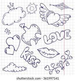 Set of hand drawn love doodles. Lettering love and kiss. Valentines day doodle isolated on lined paper page. Hand drawn doodle St. Valentines vector for design, postcard, printing, decoration