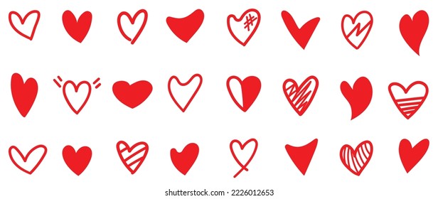 Set of hand drawn love heart shape vector illustration. Collection of red heart doodle style isolated on white background. Design for Valentine's Day, wedding, card, sticker, poster, decoration.