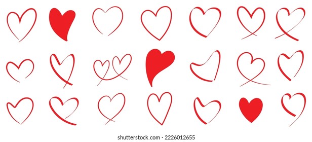 Set of hand drawn love heart shape vector illustration. Collection of red heart doodle style isolated on white background. Design for Valentine's Day, wedding, card, sticker, poster, decoration.