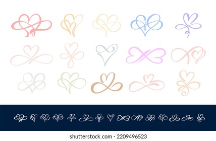 Set of Hand drawn Love hearts sign of infinity with cute sketch line. Brush stroke. Divider doodle element love shape for valentines day, wedding, mother's day or woman's day. Vector isolated.