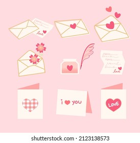 Conjunto de elementos vectoriales de letras de amor dibujadas a mano. Tarjeta de San Valentín con carta de amor abierta con corazones dispersos