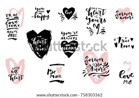 set hand drawn love quotes hearts stock vector royalty free