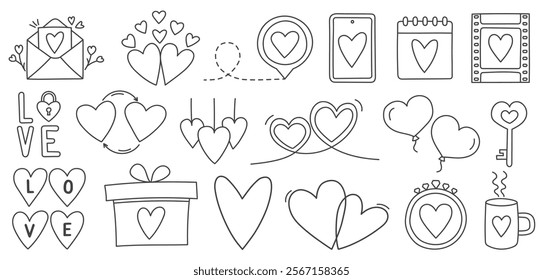 Set of hand drawn love themed doodles suitable for weddings design, birthday, Valentine's day, vector eps10 illustration