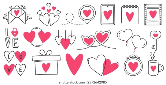 Set of hand drawn love themed doodles suitable for weddings design, birthday, Valentine's day, vector eps10 illustration