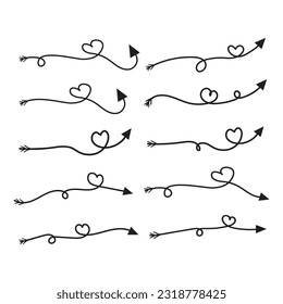 set of hand drawn lovely hearts style curved arrow vector art, Up, down, left, right direction black white background pen arrows icons, way symbol, design elements for t-shirt, poster, banner
