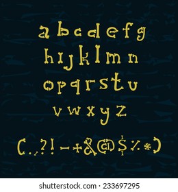 Set of hand drawn lowercase letters in the form of bones and punctuation. Vector alphabet illustration.