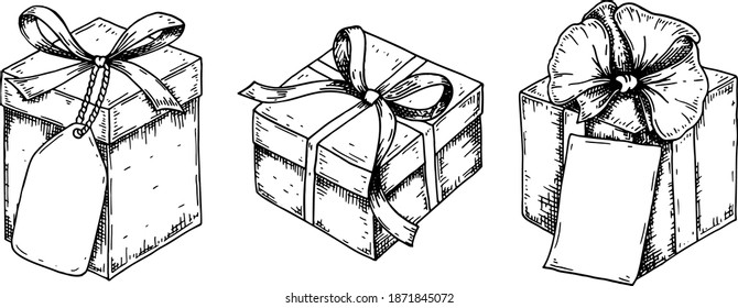 Set of hand drawn luxury gift boxes. Vector illustration in a sketch style isolated on white background