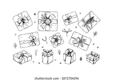 Set of hand drawn luxury gift box. Top view. Vector illustration in a sketch style isolated on white background