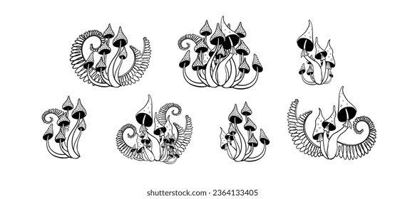 Set of hand drawn magic forest mushrooms, fly agarics and toadstools with ferns. Linear mystical witch tattoo, microdosing, vector illustration isolated on white background.