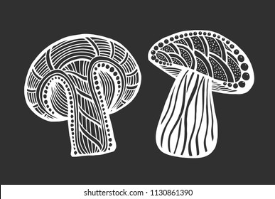 Set of Hand drawn magic mushroom for adult anti stress Coloring Page with high details isolated on white background, illustration in drawne style. Vector monochrome sketch.