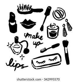 Set of Hand Drawn Make Up. Line Art with Thick Brush. Vector Illustration with Isolated Background.