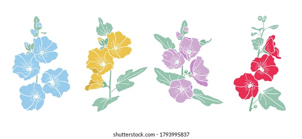 Conjunto de flores mallow dibujadas a mano en estilo gráfico