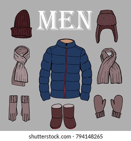 Set of hand drawn man winter clothes and footwear: jacket, scarves, hats, gloves in color on the grey background. Isolated and layered vector illustration