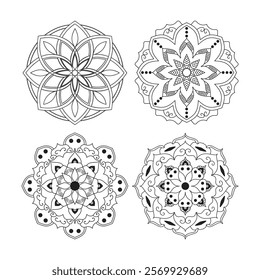 Set of Hand drawn mandala design. Easy Mandala Black and White Outline. Mandala for Coloring Pages