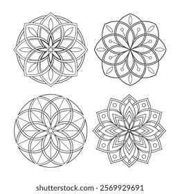 Set of Hand drawn mandala design. Easy Mandala Black and White Outline. Mandala for Coloring Pages