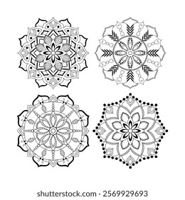 Set of Hand drawn mandala design. Easy Mandala Black and White Outline. Mandala for Coloring Pages
