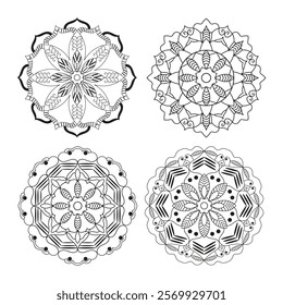 Set of Hand drawn mandala design. Easy Mandala Black and White Outline. Mandala for Coloring Pages