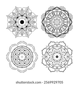 Set of Hand drawn mandala design. Easy Mandala Black and White Outline. Mandala for Coloring Pages