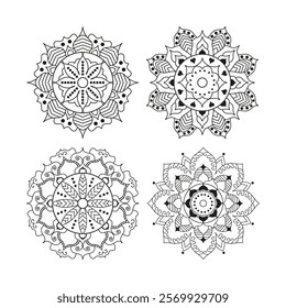 Set of Hand drawn mandala design. Easy Mandala Black and White Outline. Mandala for Coloring Pages