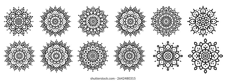 set hand drawn mandala designs intricate black white patterns