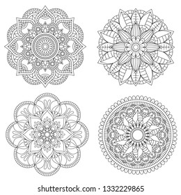 Set of Hand drawn mandala with ethnic floral doodle pattern. Coloring page - zendala, design for spiritual relaxation for adults, vector illustration, isolated on a white background. - Vector