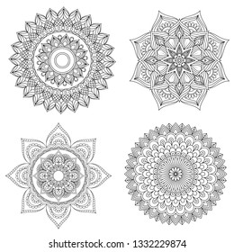 Set of Hand drawn mandala with ethnic floral doodle pattern. Coloring page - zendala, design for spiritual relaxation for adults, vector illustration, isolated on a white background. - Vector