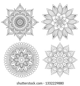 Set of Hand drawn mandala with ethnic floral doodle pattern. Coloring page - zendala, design for spiritual relaxation for adults, vector illustration, isolated on a white background. - Vector