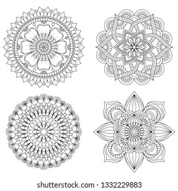 Set of Hand drawn mandala with ethnic floral doodle pattern. Coloring page - zendala, design for spiritual relaxation for adults, vector illustration, isolated on a white background. - Vector