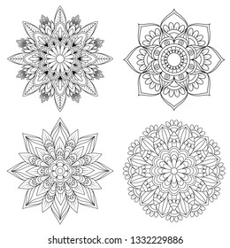 Set of Hand drawn mandala with ethnic floral doodle pattern. Coloring page - zendala, design for spiritual relaxation for adults, vector illustration, isolated on a white background. - Vector