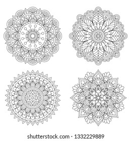 Set of Hand drawn mandala with ethnic floral doodle pattern. Coloring page - zendala, design for spiritual relaxation for adults, vector illustration, isolated on a white background. - Vector