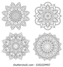 Set of Hand drawn mandala with ethnic floral doodle pattern. Coloring page - zendala, design for spiritual relaxation for adults, vector illustration, isolated on a white background. - Vector