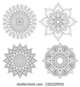 Set of Hand drawn mandala with ethnic floral doodle pattern. Coloring page - zendala, design for spiritual relaxation for adults, vector illustration, isolated on a white background. - Vector