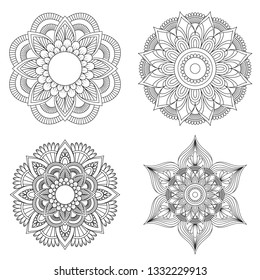 Set of Hand drawn mandala with ethnic floral doodle pattern. Coloring page - zendala, design for spiritual relaxation for adults, vector illustration, isolated on a white background. - Vector