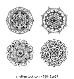 Set of hand drawn mandalas for logos, tattoos, coloring books and patterns, vector illustration