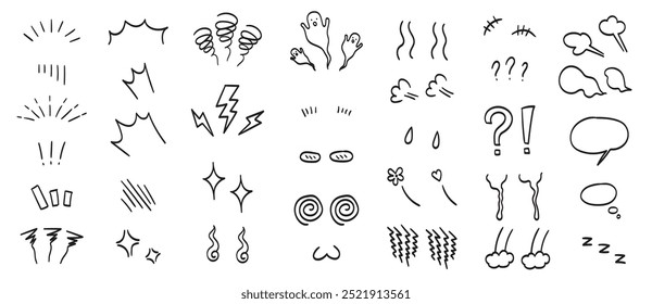 Set of hand drawn manga comic book emotion effects. Hand drawn line or outline anime elements. Doodle vector icons and sign facial expression of fear, anger, dizzy, crying or sighing. Motion effects.