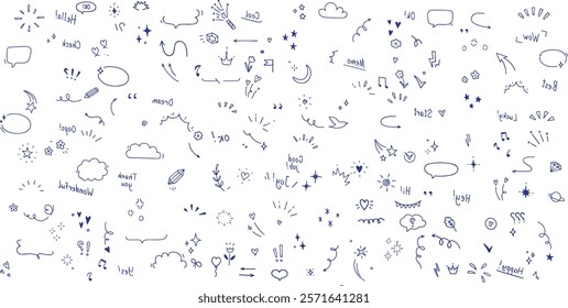 Set of hand drawn manga comic book emotion effects. Hand drawn line or outline anime elements. Doodle vector icons and sign facial expression of fear,