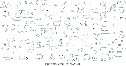 Set of hand drawn manga comic book emotion effects. Hand drawn line or outline anime elements. Doodle vector icons and sign facial expression of fear,