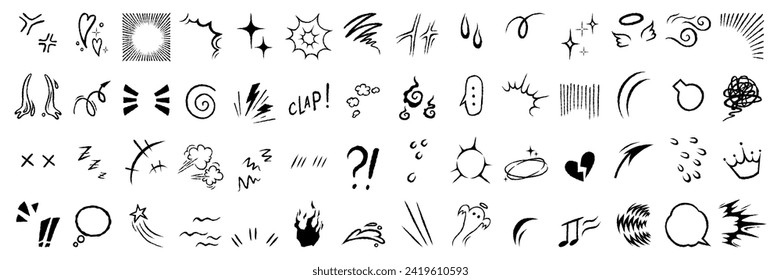 Set of hand drawn manga emotion effects. Drawn with marker anime elements, including speech bubble, stars, arrows, fire. Doodle vector icon.