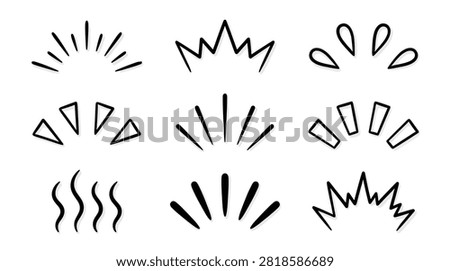 Set of hand drawn manga style emotion effect symbols with radiating lines and impact marks