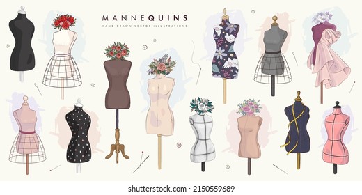 Set of hand drawn mannequins and flowers isolated on background. Fashion illustration