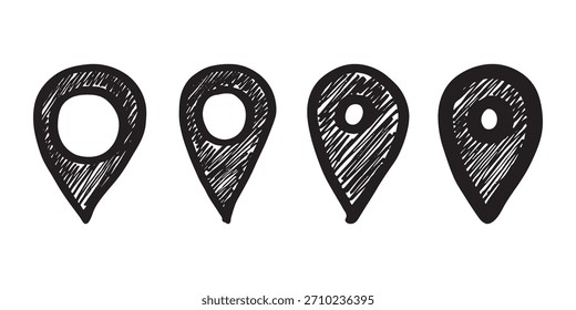 Conjunto de pin de mapa dibujado a mano Señal de puntero de marcador de mapa GPS y herramientas de mapeo Símbolo de pin de Locación Clipart de punto de alfiler en estilo doodle Elemento único para Web, diseño
