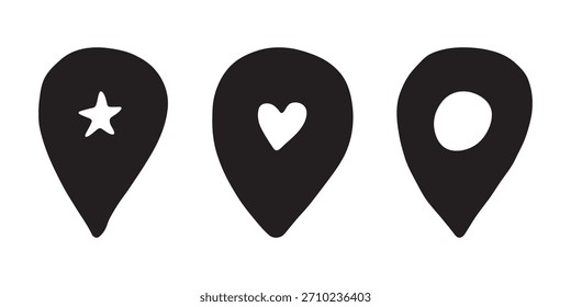 Conjunto de pin de mapa dibujado a mano Señal de puntero de marcador de mapa GPS y herramientas de mapeo Símbolo de pin de Locación Clipart de punto de alfiler en estilo doodle Elemento único para Web, diseño
