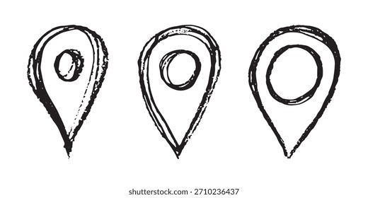 Conjunto de pin de mapa dibujado a mano Señal de puntero de marcador de mapa GPS y herramientas de mapeo Símbolo de pin de Locación Clipart de punto de alfiler en estilo doodle Elemento único para Web, diseño