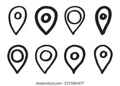 Conjunto de pin de mapa dibujado a mano Señal de puntero de marcador de mapa GPS y herramientas de mapeo Símbolo de pin de Locación Clipart de punto de alfiler en estilo doodle Elemento único para Web, diseño