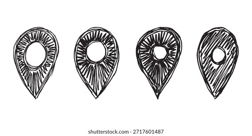 Conjunto de pino desenhado à mão pino de mapa ponteiro de marcador de mapa sinal GPS e ferramentas de mapeamento Localização pino símbolo Pinpoint clipart no estilo doodle Elemento único para web, design