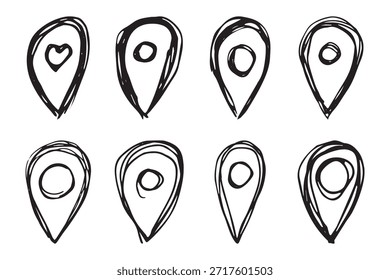 Conjunto de pin de mapa dibujado a mano Señal de puntero de marcador de mapa GPS y herramientas de mapeo Símbolo de pin de Locación Clipart de punto de alfiler en estilo doodle Elemento único para Web, diseño