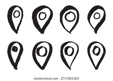 Conjunto de pin de mapa dibujado a mano Señal de puntero de marcador de mapa GPS y herramientas de mapeo Símbolo de pin de Locación Clipart de punto de alfiler en estilo doodle Elemento único para Web, diseño